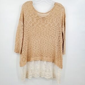 Umgee Loose Knit Lace Bottom Cotton Blend Top